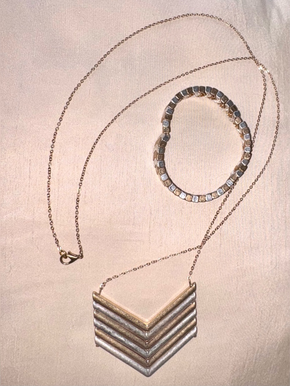 Layered Chevron Necklace and Matching Stretch Bracelet in Gold & Silver Tones